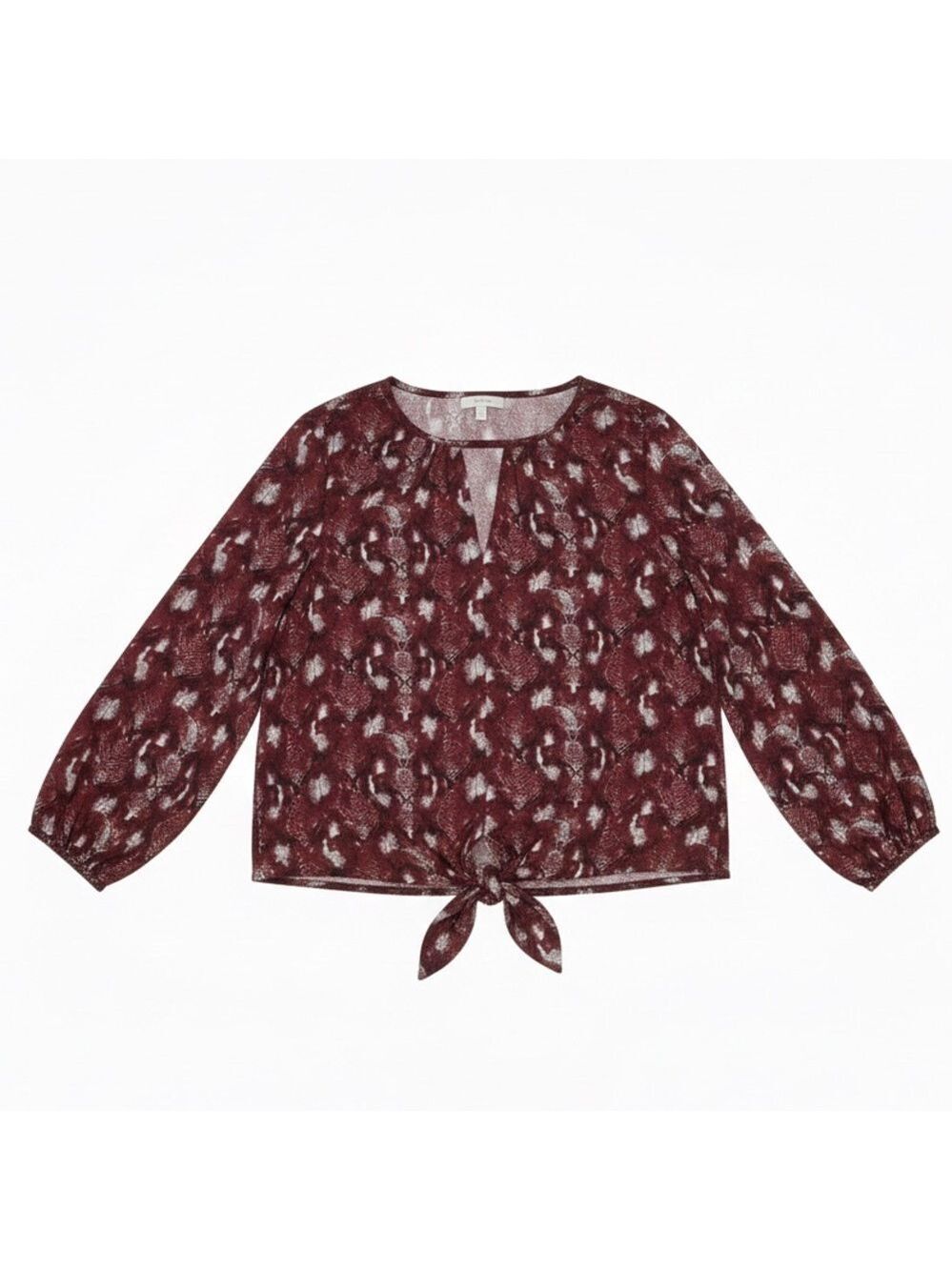 West Kei Snake Print Blouse XS Tie Front Red Gray Long Sleeve Top